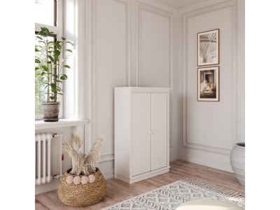 Estante de madeira com 1,19 m no acabamento branco lavado com duas portas / Coleção biblioteca